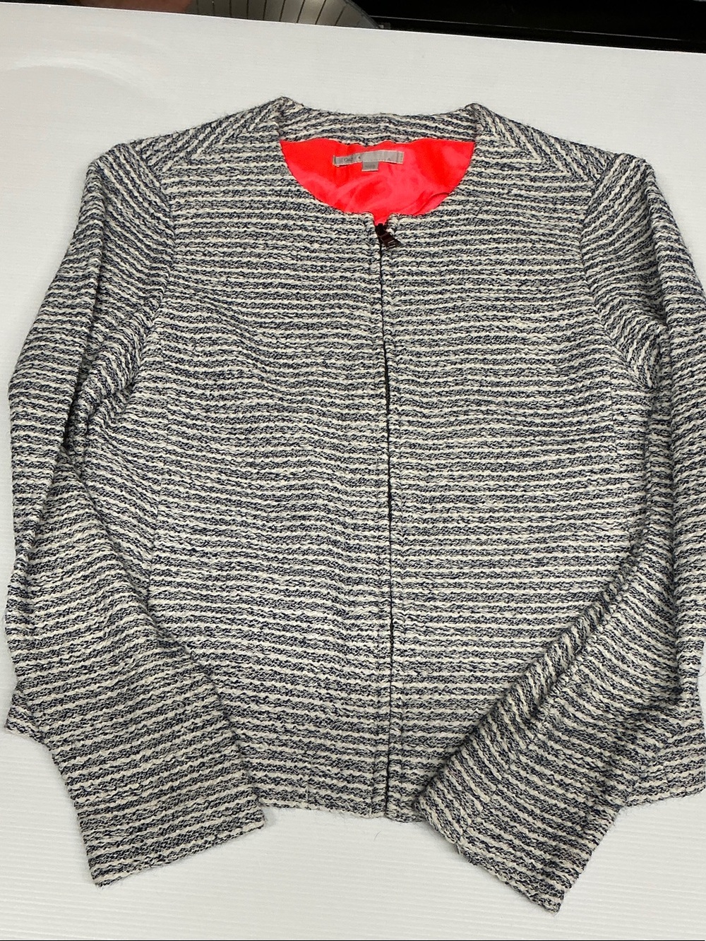 GAP Striped Bouclé Zip-Front Jacket in Gray, White & Coral